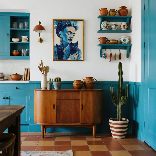 Impression artistique émouvante dans le style de Frida Kahlo, avec des figures de chats et des dégradés doux.