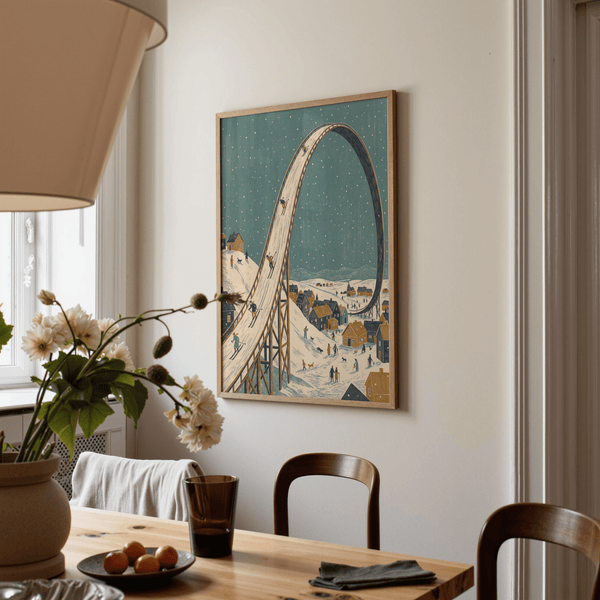 Impression artistique sur le thème du ski hivernal avec décor mural bleu et blanc d'inspiration scandinave