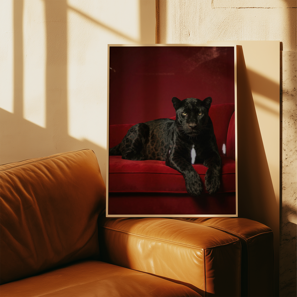 Luxury Panther Art print with regal panther, black and red color scheme, office wall