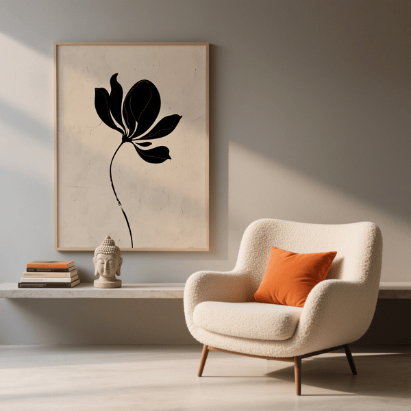 Impression artistique simple représentant une fleur noire avec des nuances de noir pour décorer les murs d'une chambre d'enfant