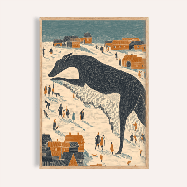 Impression artistique fantaisiste représentant un chien noir et orange, pour décorer les murs de votre salon