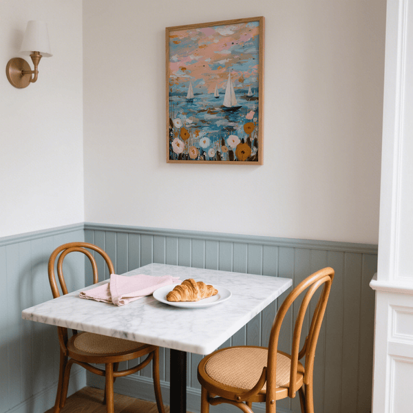 Décoration murale représentant un voilier dans des tons doux de bleu et de rose, pour une impression artistique destinée à un bureau.