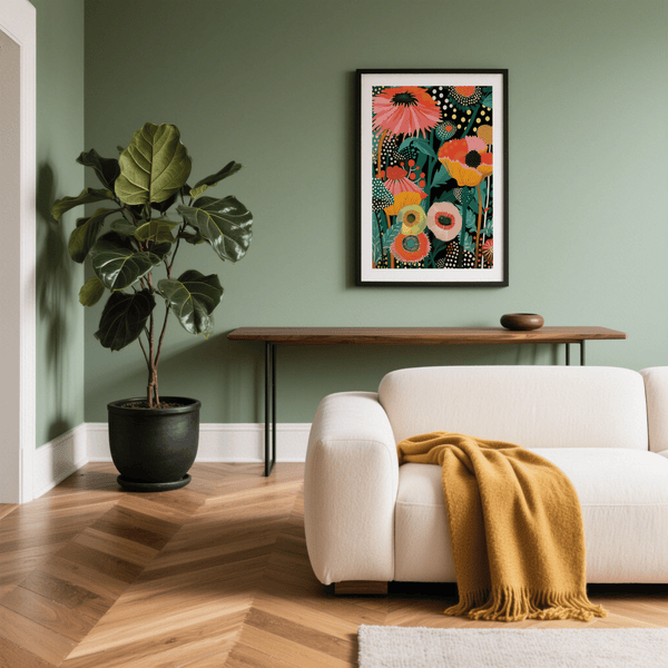 Tableau mural décoratif tropical avec des fleurs jaunes et multicolores pour le coin salon