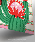 Cactus vert vif avec fleurs rouges dans une gravure d'art populaire mexicain.