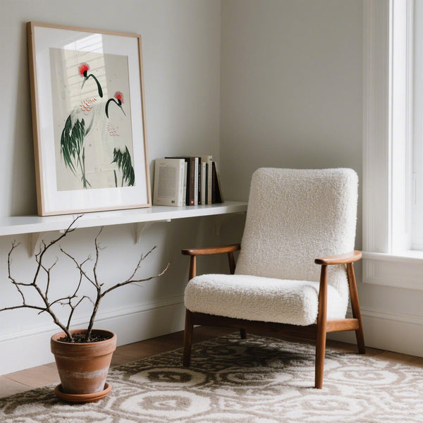 Couple de grues stylisées avec des couronnes rouges dans une composition japonaise Crane Art.
