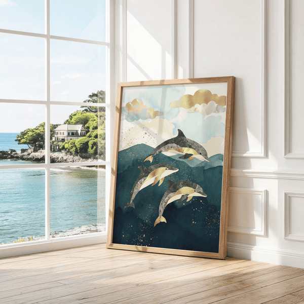 Poster Dolphins bleu et or, idéal comme décoration d'entrée