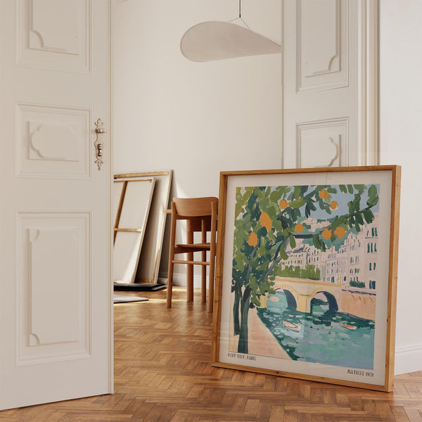 Art mural représentant Paris avec ses eaux turquoise et ses bâtiments colorés.