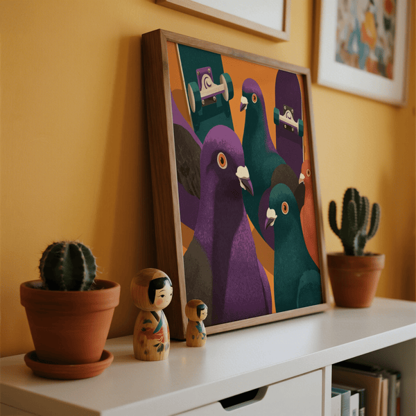 Affiche unique Pigeon Skateboard Art pour salle de jeux, dans un style orange et violet