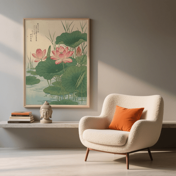 Imprimé apaisant de fleurs de lotus avec des accents bleus, idéal pour la décoration d'une salle de bain spa.