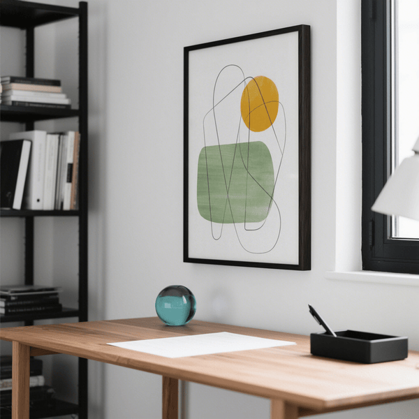 Art mural minimaliste abstrait simple avec du vert, du jaune et du blanc dans le couloir