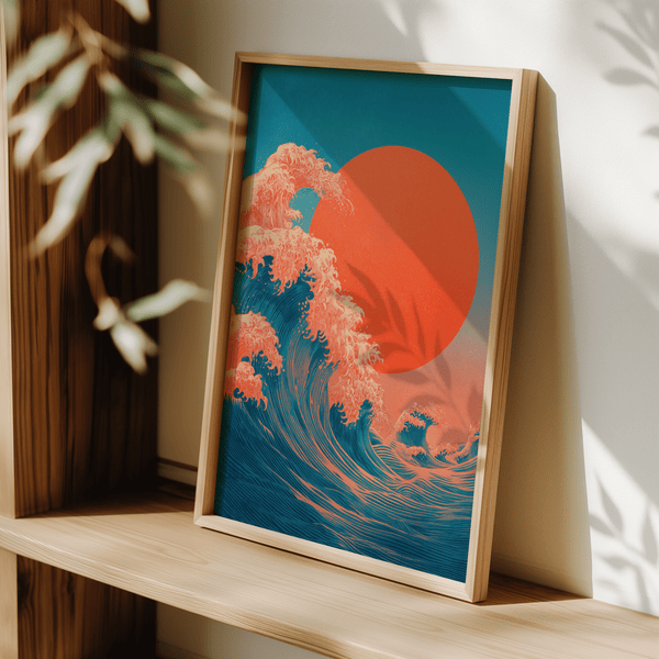 Décoration Japandi Waves imprimée en bleu et rouge pour le mur de la salle à manger