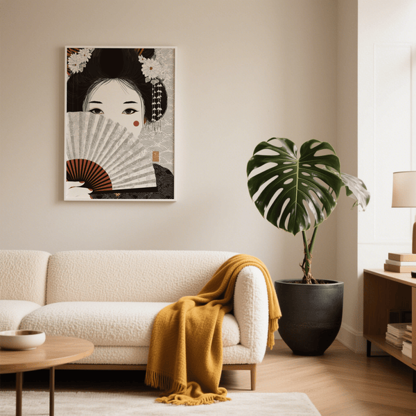 Impression artistique japonaise représentant une geisha, dans les tons gris et rouge, pour décorer une chambre à coucher.
