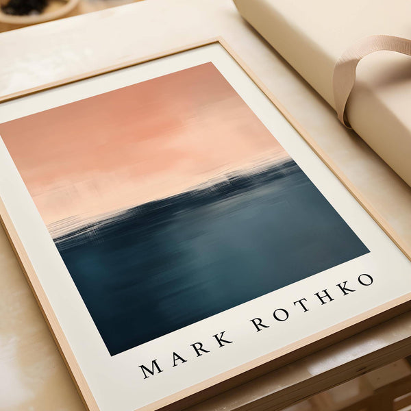 Peinture abstraite rose et bleue représentant un coucher de soleil, pour des espaces de bureau sophistiqués