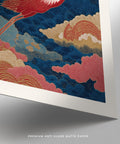 Estampe japonaise vintage représentant une grue en vol au-dessus de nuages décoratifs.