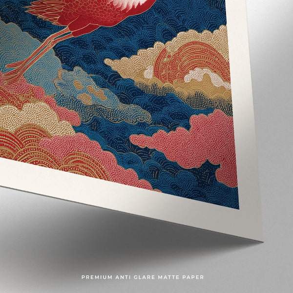 Estampe japonaise vintage représentant une grue en vol au-dessus de nuages décoratifs.