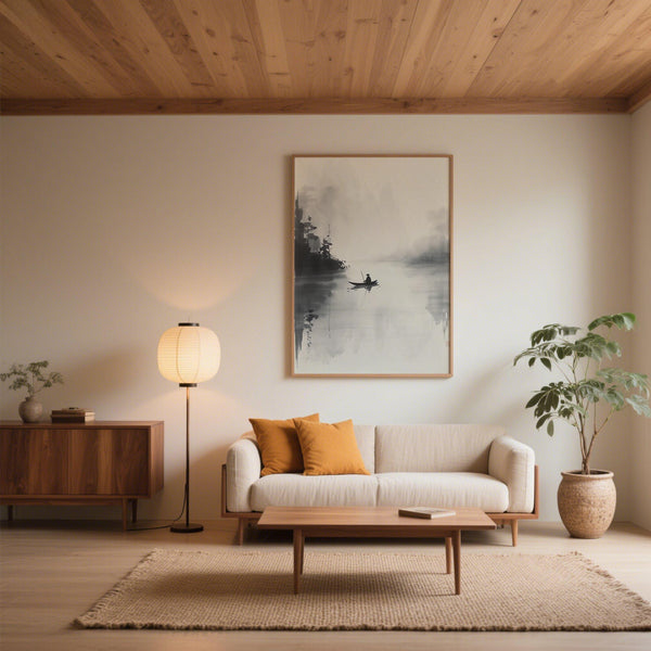 Gravure japonaise à l'encre de Chine représentant une composition zen composée d'eau, d'arbres et de solitude.