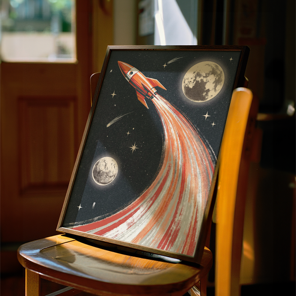 Rocket Ship Wall Art poster for playroom with retro rocket and planets