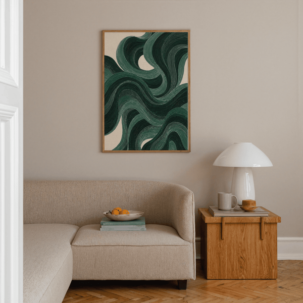 Affiche moderne Swirl pour salle à manger dans les tons beige et vert sous forme d'affiche