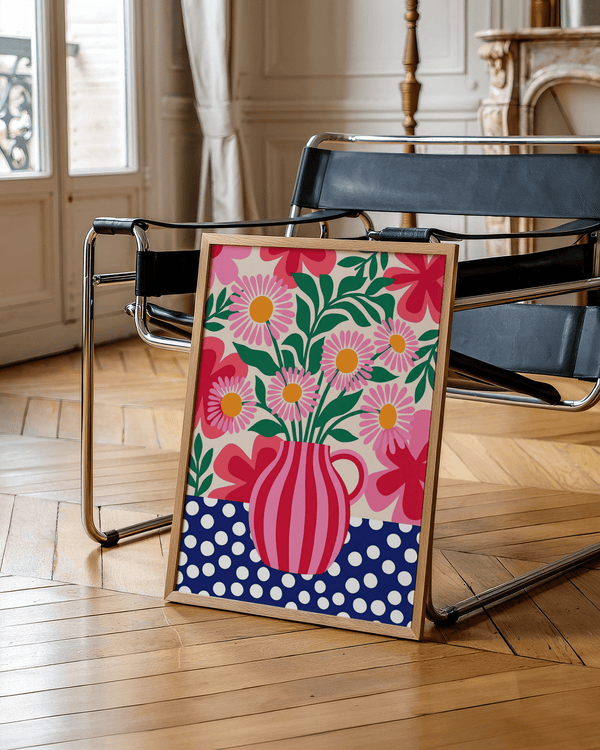 Impression artistique florale aux couleurs vives, bleu, blanc et beige, pour poster de salon