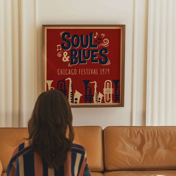 Festival Soul Blues Œuvre d'art présentée dans des tons rouges, bleus et beiges, dans un style moderne imprimé lounge.