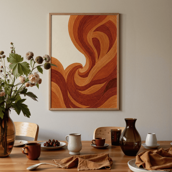 Impression artistique contemporaine abstraite représentant des vagues, couleur orange, parfaite pour décorer un couloir.