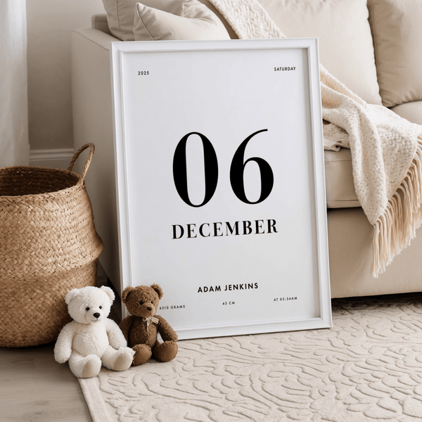 Impression artistique personnalisée « Born This Day » en noir et blanc, idéale pour décorer les murs d'un bureau.