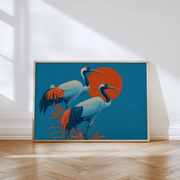 Œuvre d'art Modern Cranes aux couleurs vives bleu et orange pour la décoration de bureau