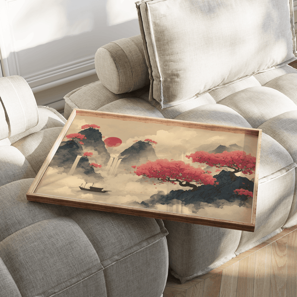 Décoration murale à l'encre de Chine représentant un paysage pour la chambre à coucher, dans les tons rose, bleu et beige