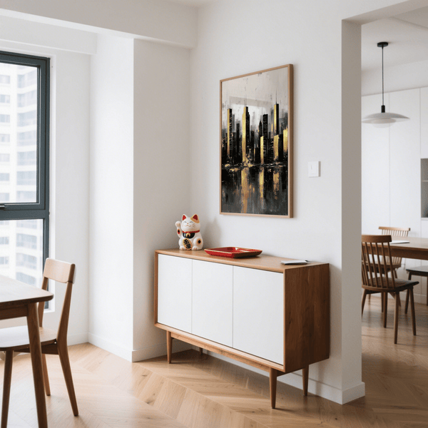 Gold and Black Skyline Poster designed for studio space with gold and gray highlights