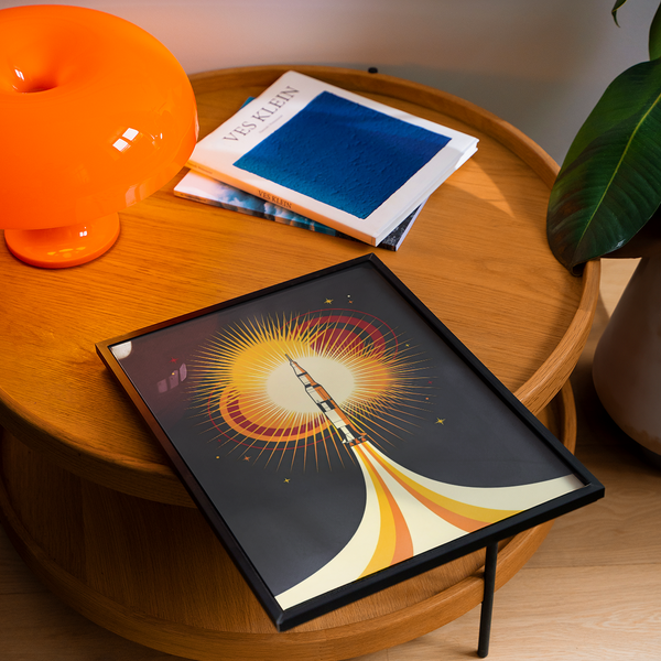 Rocket Launch Art Print, modern yellow accents, hallway wall art