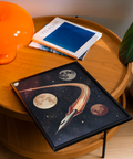 Space Themed Wall Art with Red rocket and Beige moons for hallway wall art