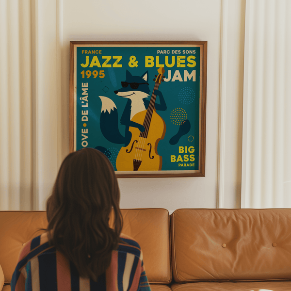 Impression artistique Jazz Blues avec des accents jaunes vifs pour un bureau créatif