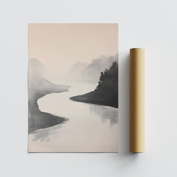 Peinture japonaise à l'encre de Chine paisible pour les espaces modernes et sereins.