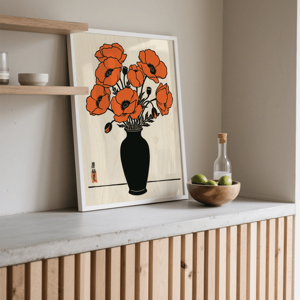 Poster mural floral représentant des fleurs orange sur fond beige, pour une entrée