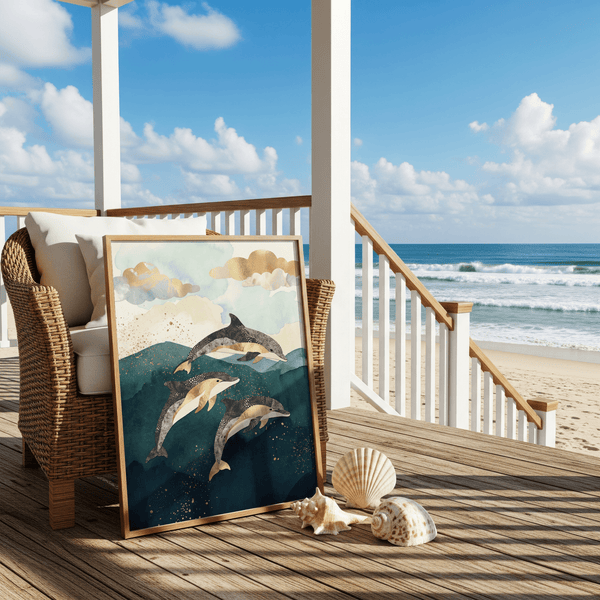 Poster élégant représentant des dauphins bleus et dorés, idéal pour décorer les murs d'une chambre d'enfant.