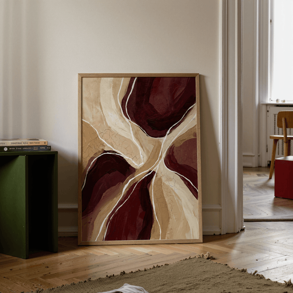 Impression artistique abstraite minimaliste et organique pour les salons contemporains, dans les tons rouge et beige.