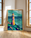 Impression moderne et colorée représentant un phare, avec une palette multicolore, pour décorer le mur de votre cuisine.