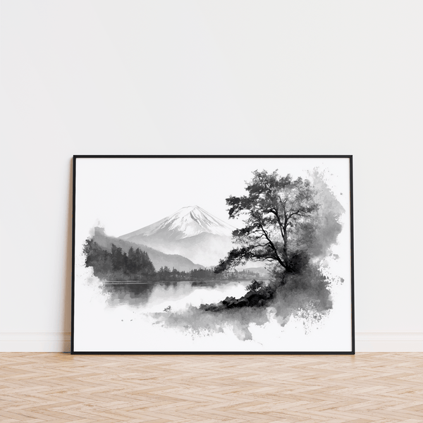 Impression décorative en noir et blanc représentant un paysage pour une entrée, couleurs dominantes : gris, noir et blanc.