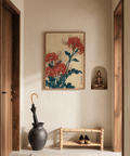 Décoration murale japonaise représentant des chrysanthèmes rouges et bleus pour votre intérieur