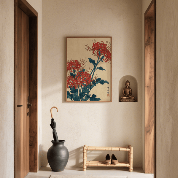 Décoration murale japonaise représentant des chrysanthèmes rouges et bleus pour votre intérieur