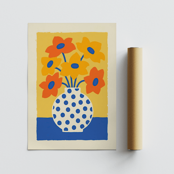 Affiche artistique représentant un vase moderne et des fleurs, dans des tons orange et jaune vifs, pour décorer votre cuisine.