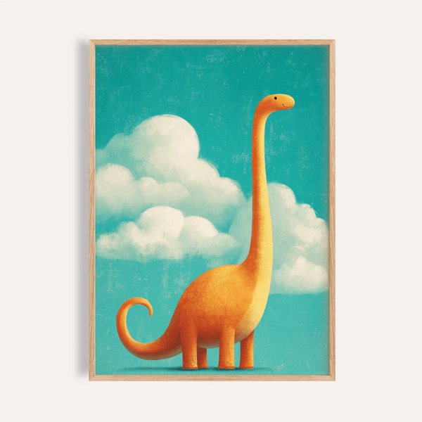 Poster pour chambre d'enfant avec dinosaure orange, ciel bleu, décoration murale pour chambre d'enfant