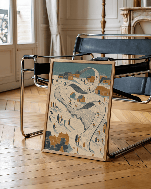 Décoration murale représentant un paysage enneigé avec un village bleu et orange, pour décorer le mur d'un couloir.