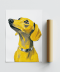 Impression chien teckel avec détails jaunes pour une décoration murale élégante dans votre cuisine
