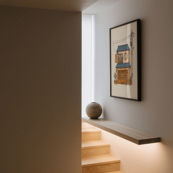 Impression artistique de style japonais pour couloir, dans les tons bleu et orange, poster