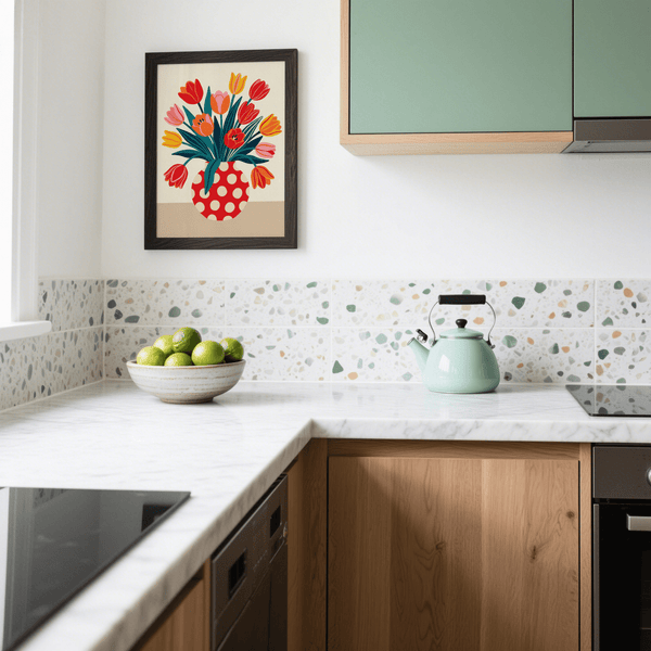 Impression artistique florale avec orange, blanc, beige ; affiche murale pour cuisine