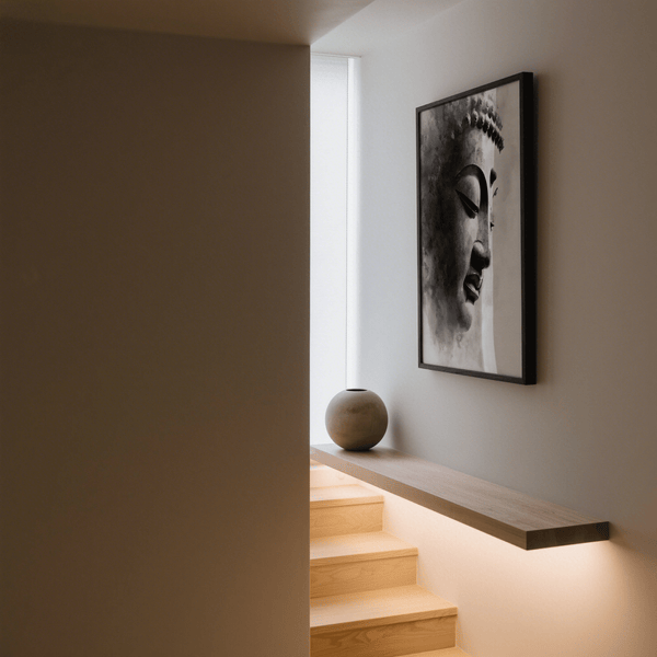 Impression tranquille en noir et blanc représentant Bouddha avec des tons gris, décoration murale pour chambre à coucher