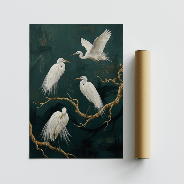 Élégant tableau artistique représentant des oiseaux au bec jaune, pour les espaces inspirés par la nature