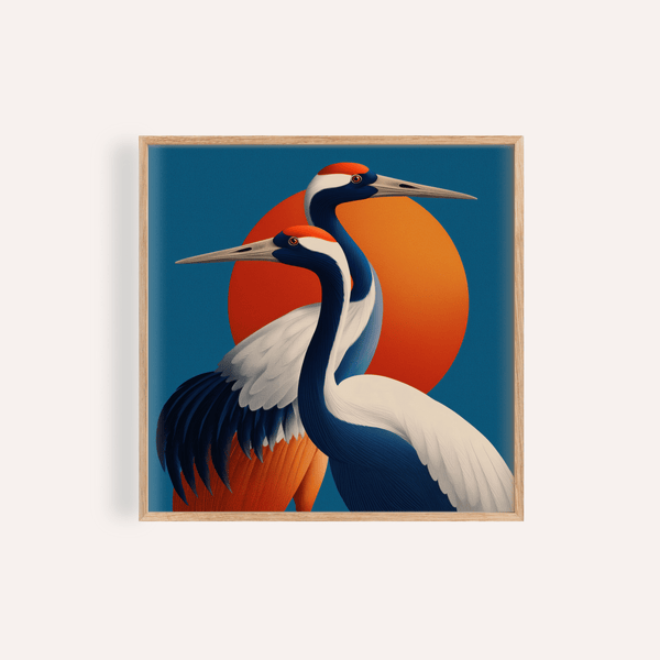 Grande décoration murale représentant des oiseaux avec des grues orange et bleues pour le salon, impression artistique