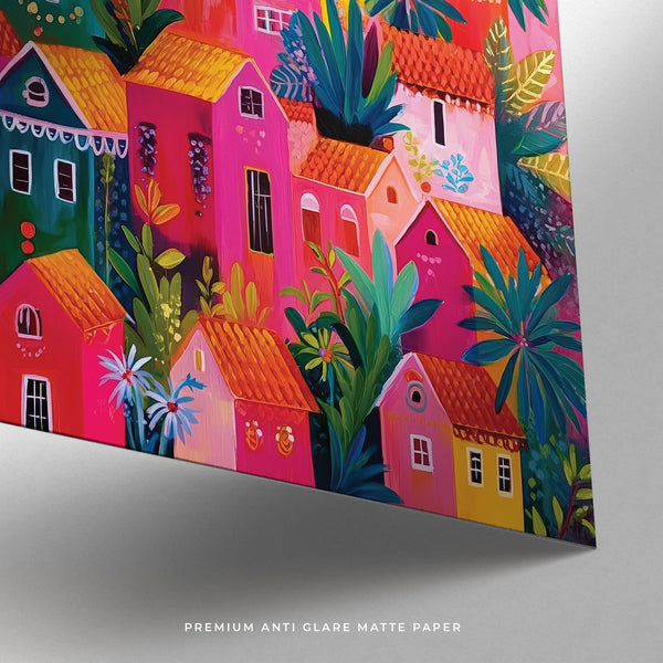 Détails d'une maison rose et jaune dans une peinture murale représentant un village mexicain.